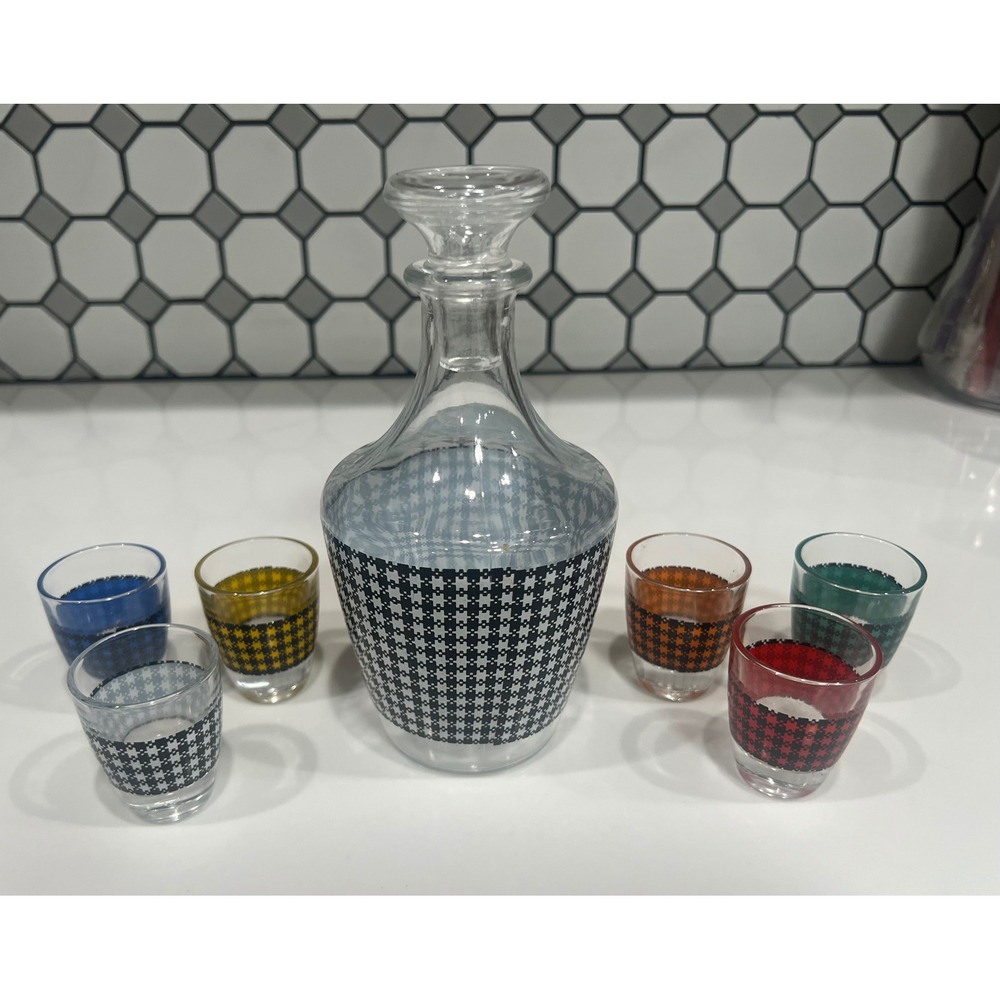 Vintage MCM Houndstooth Decanter and Shot Glass Set Multi-Color Retro Barware